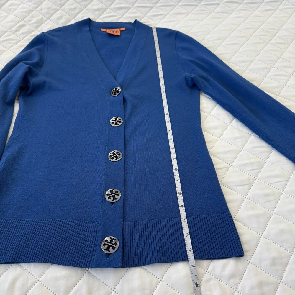 Tory Burch 100% Merino Wool Logo Button V-Neck Cardigan Sweater Blue M